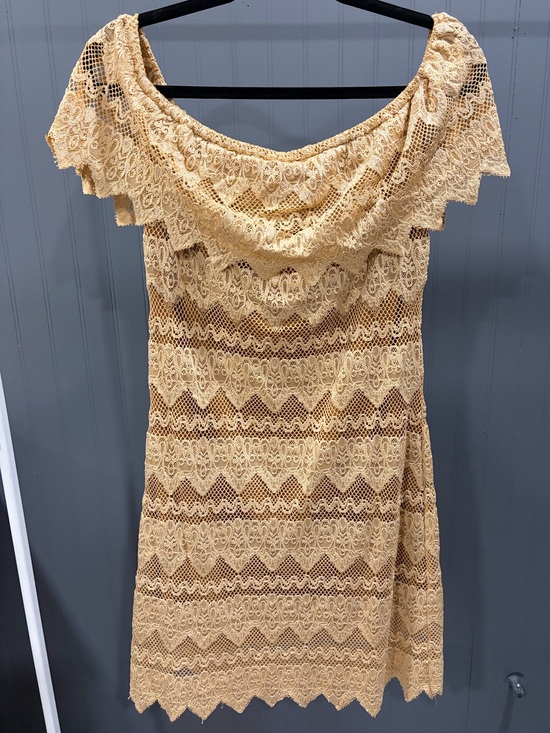 Lucky & Blessed Dresses & Skirts - Lucky & Blessed One-Shoulder Scalloped Lace Dress in Tan